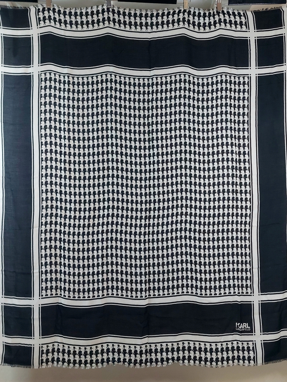 Karl Lagerfeld Black and White Profile Houndstooth Square Scarf, Iconic Designer